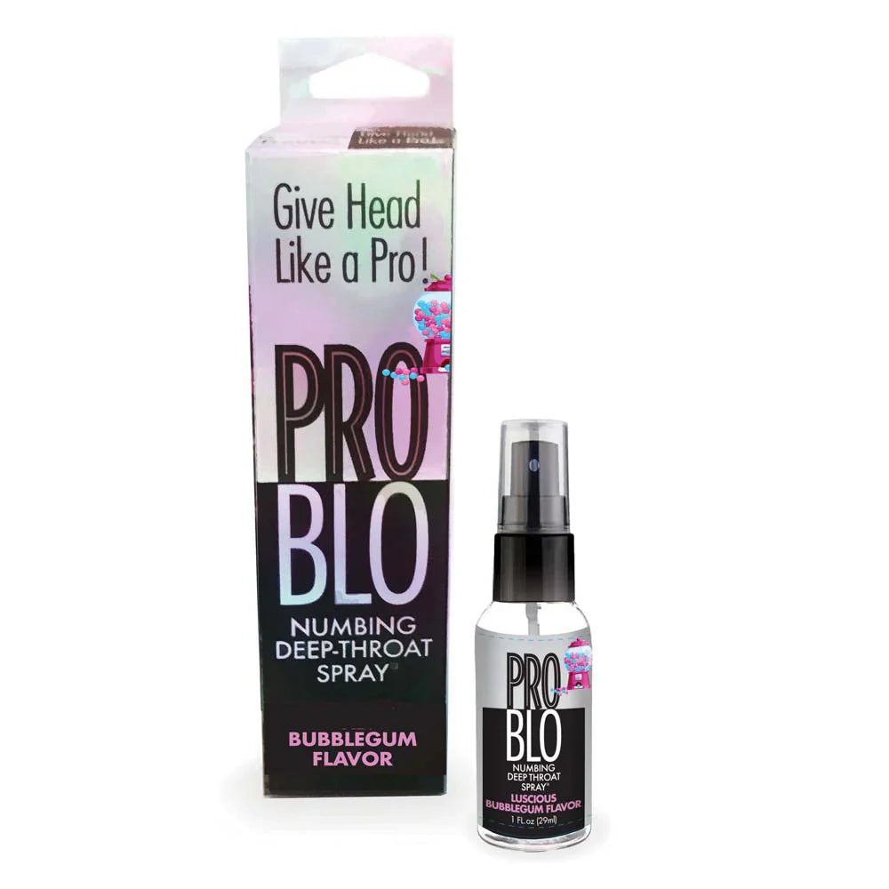 Problo Numbing Deep-Throat Spray in Bubblegum flavor, with packaging and bottle.