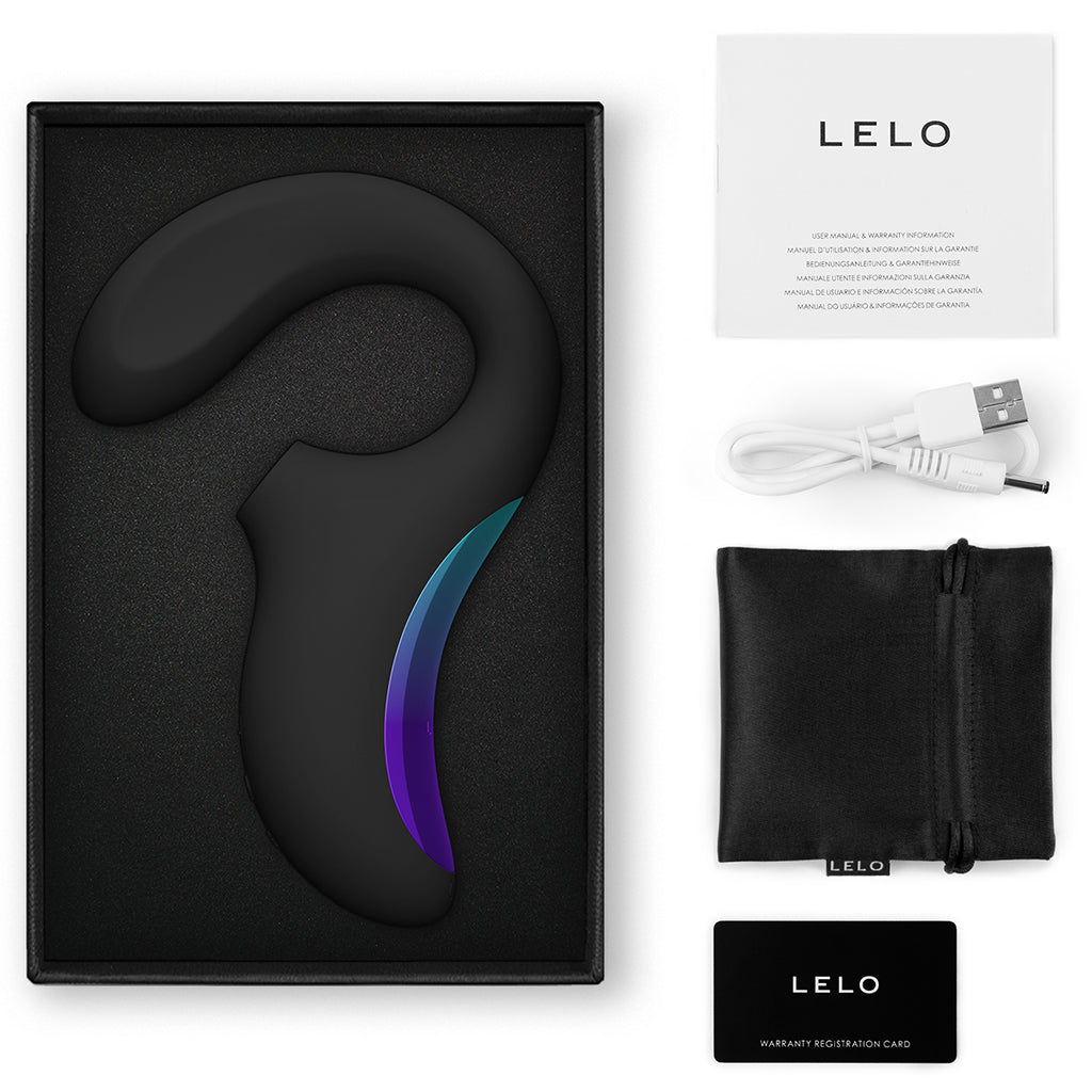 Black Lelo Enigma Wave dual sonic G-spot stimulator with accessories.