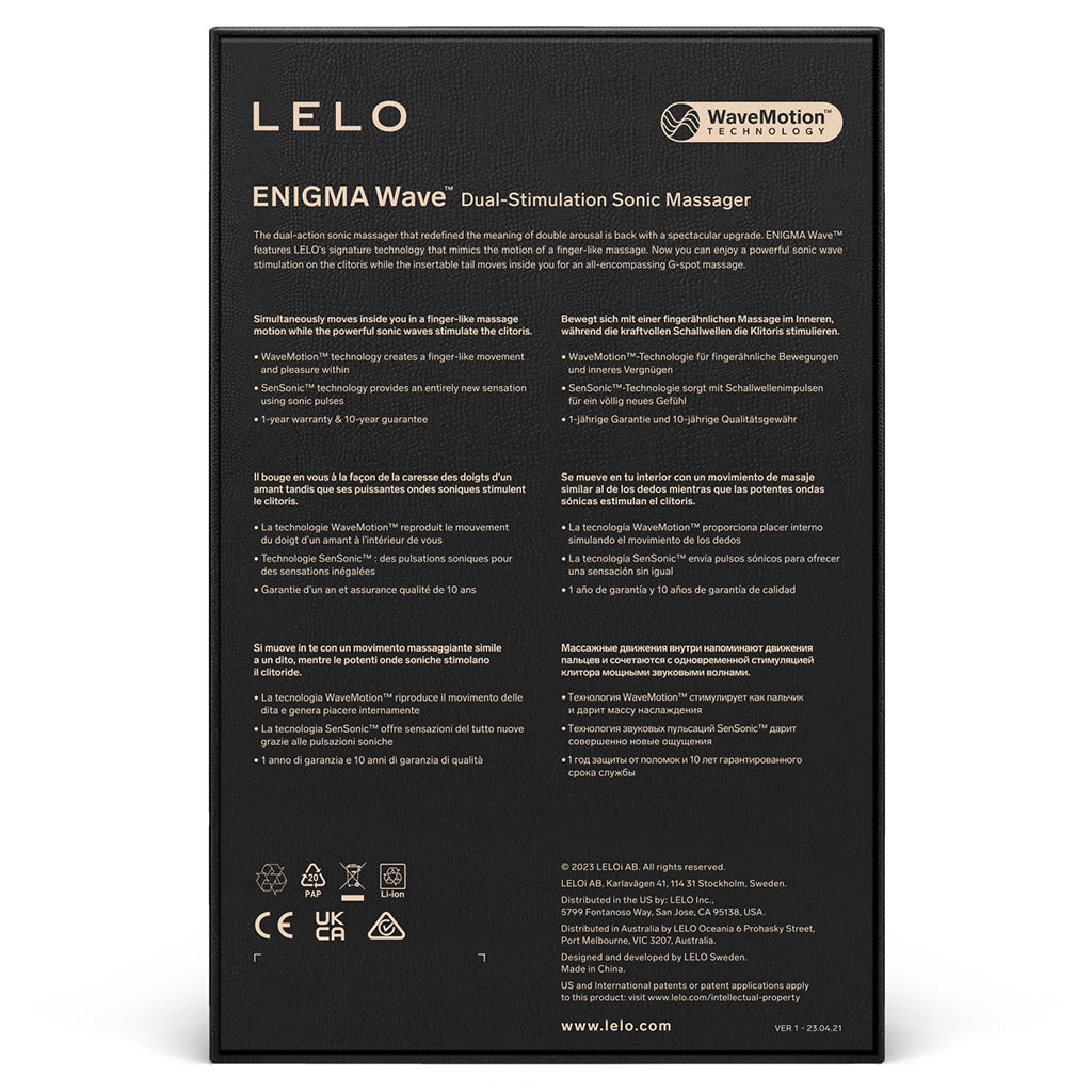 Black Lelo Enigma Wave Dual-Stimulation Sonic Massager with WaveMotion technology.
