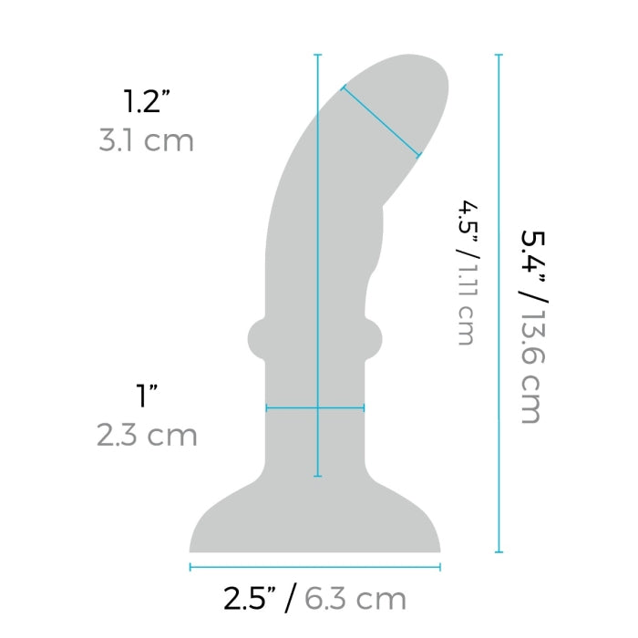 Silicone P-spot plug with dimensions labeled in inches and centimeters.