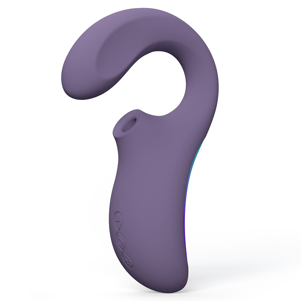 Cyber purple Lelo Enigma Wave massager with curved design and buttons.