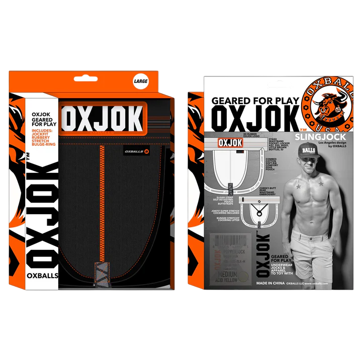 Black Oxballs Slingjock jockstrap with slider straps and cock ring.
