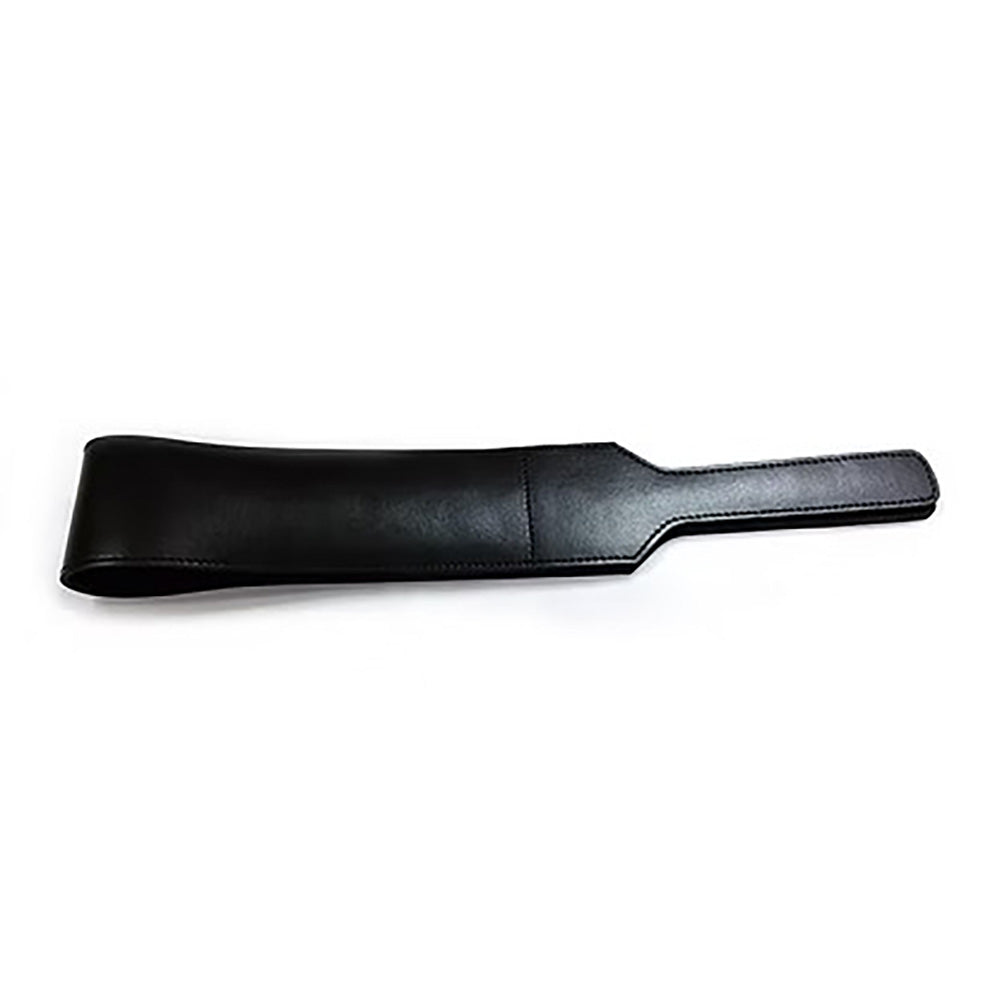 Black leather paddle with a wide flat end and a narrow handle.