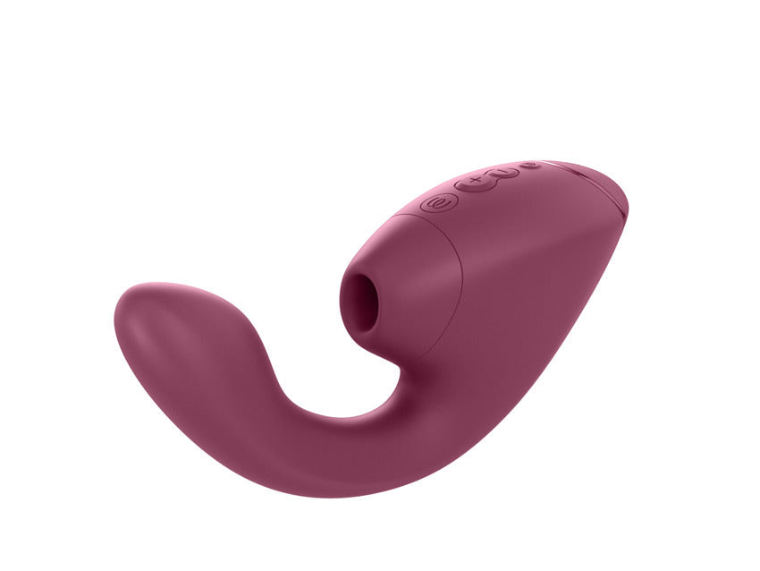 A dusky pink dual G-spot and clitoral stimulator with control buttons.