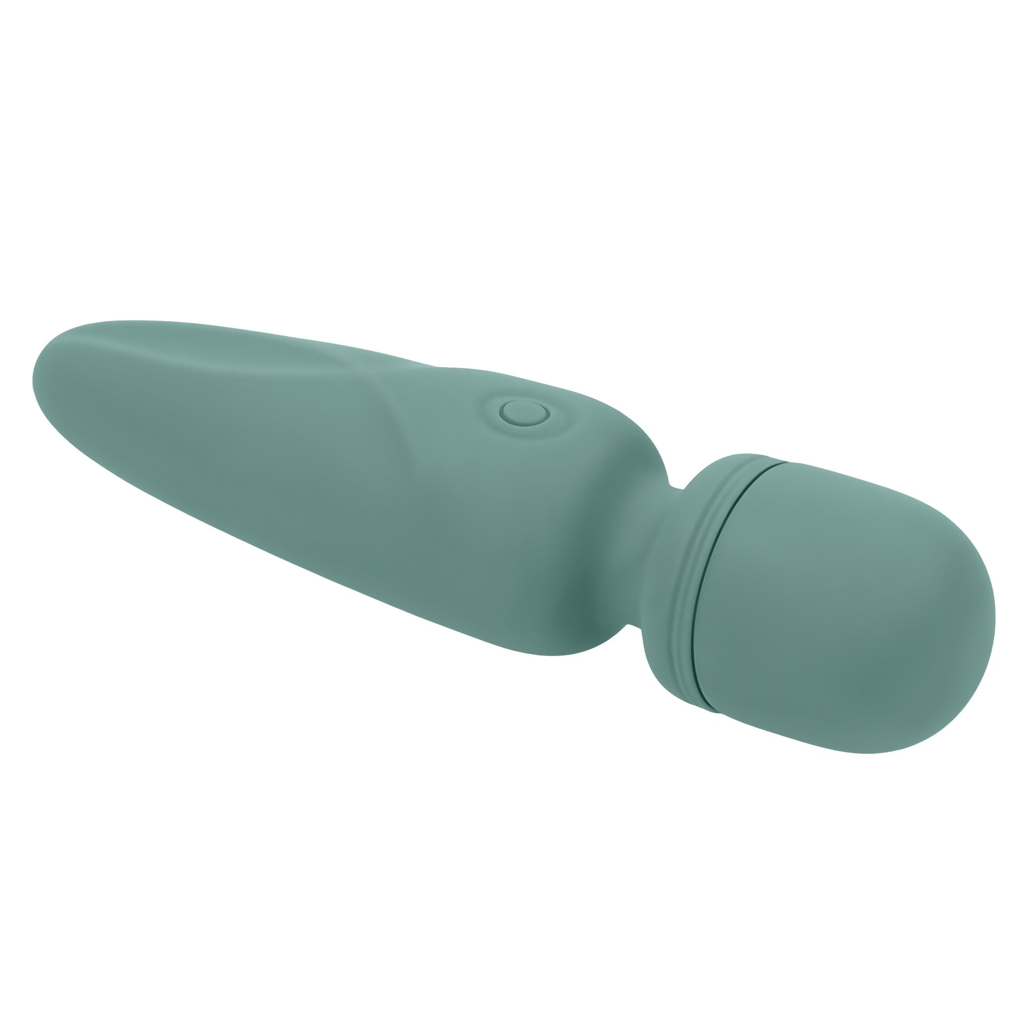 A teal silicone vibrator with a button on the handle.