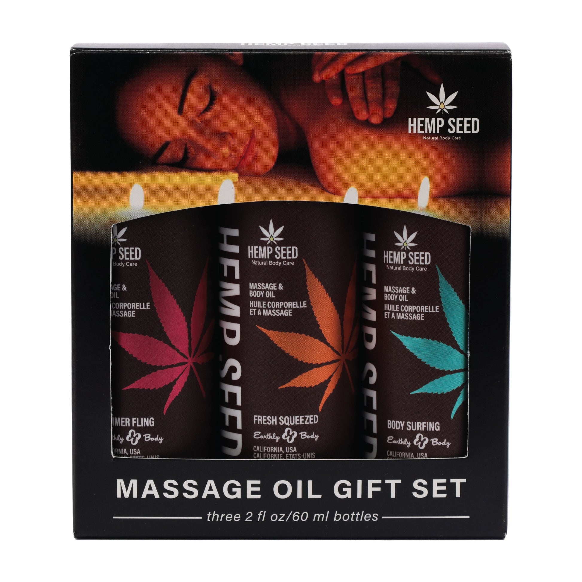 Hemp Seed Massage & Body Oil Trio Gift Set with three 2 fl oz bottles.