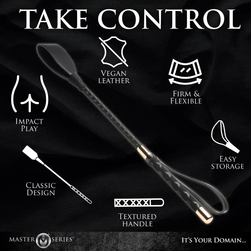 Black vegan leather riding crop with textured grip and gold accents.