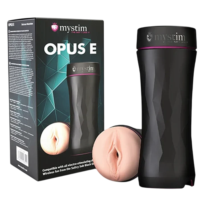 Black Mystim Opus E Vagina masturbator sleeve with realistic texture.