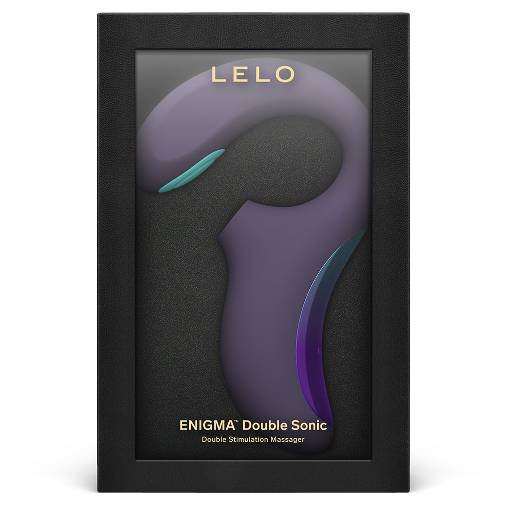 LELO Enigma Double Sonic massager in a black box with purple and teal accents.