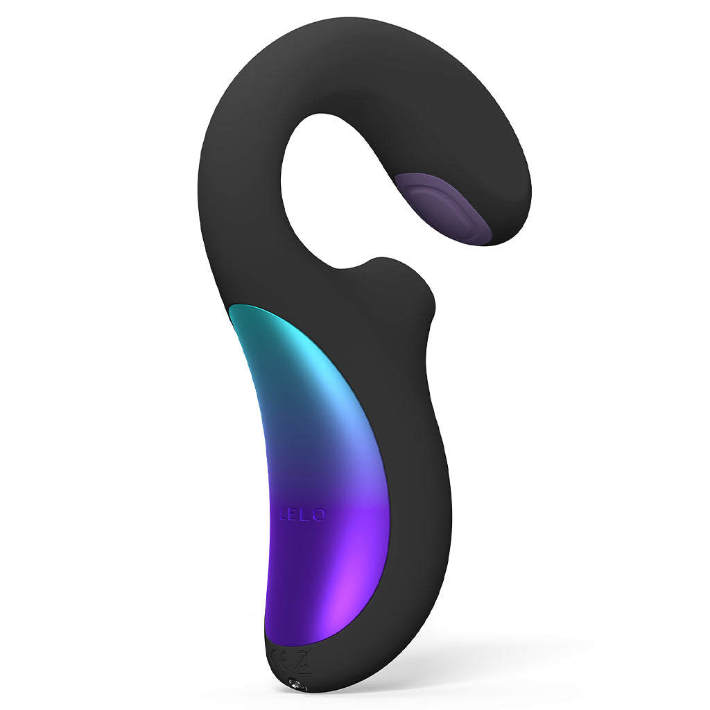 Black Lelo Enigma Double massager with a curved shape and iridescent panel.