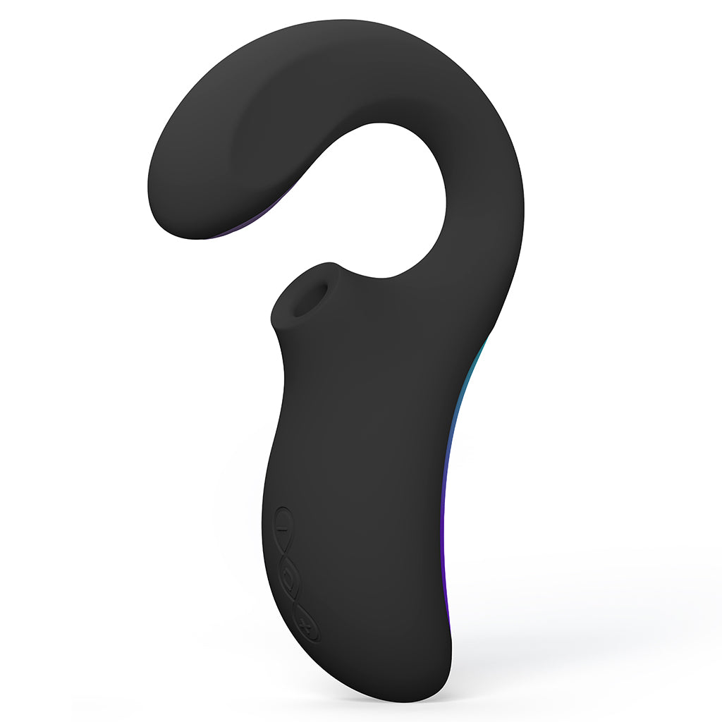 Black Enigma Double Sonic app-controlled massager with curved design.