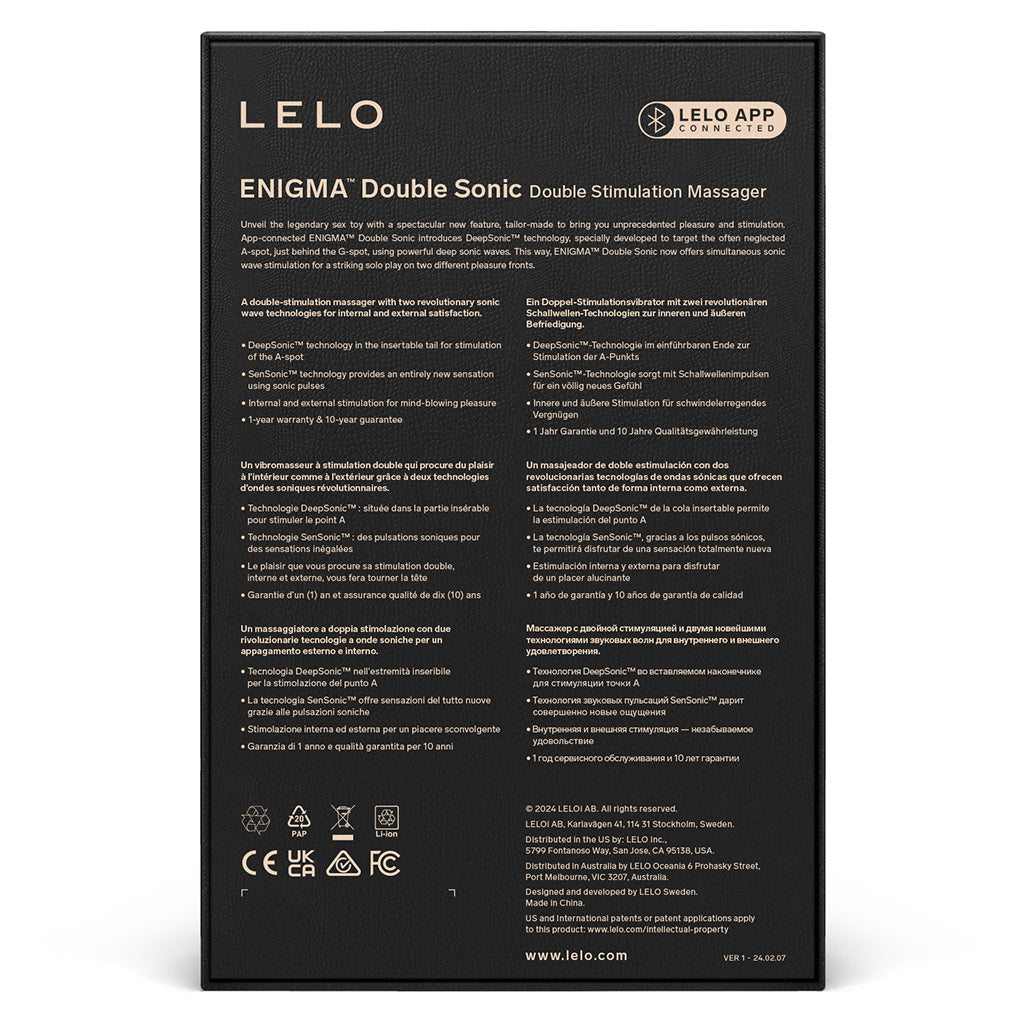 Black Lelo Enigma Double Sonic app-controlled massager with dual stimulation.