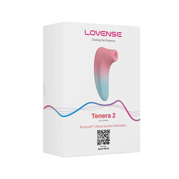 Lovense Tenera 2 clitoral suction stimulator in pink and blue gradient on a white box.