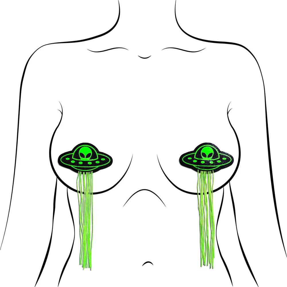 Glow-in-the-dark UFO alien nipple pasties with green tassels.