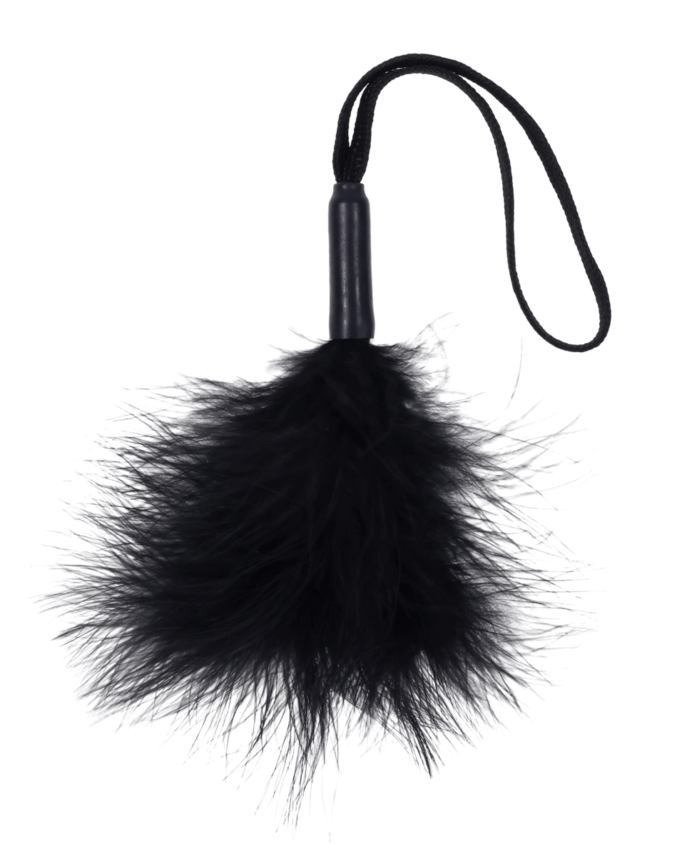Black feather tickler with a black wrist loop.