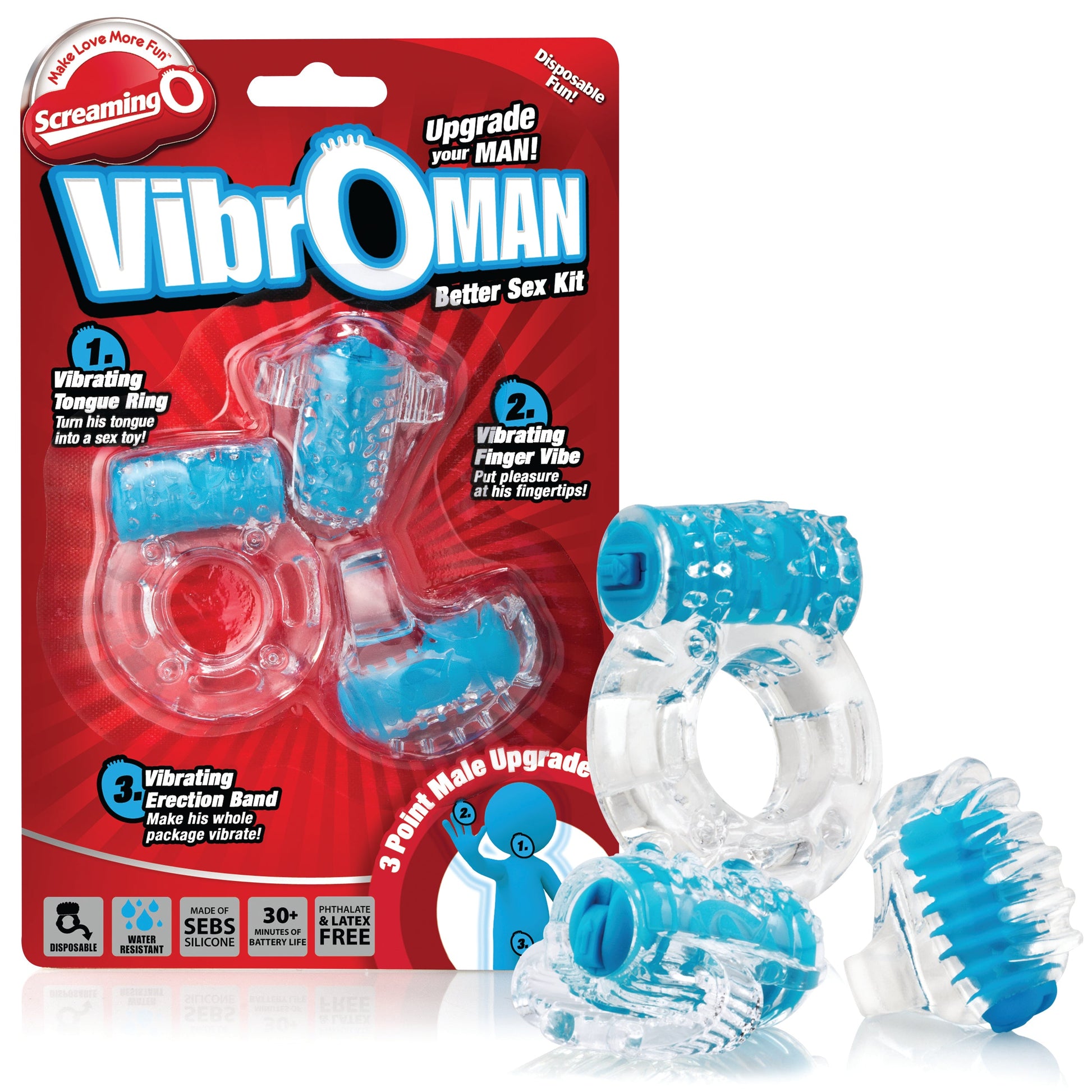 Blue vibrating male pleasure starter kit with three attachments.