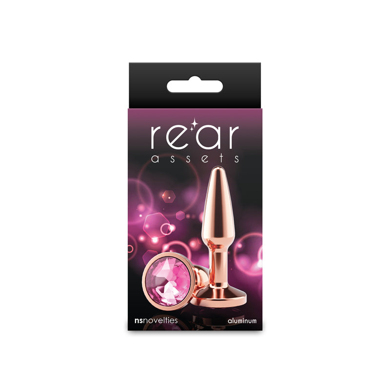 Rose gold aluminum tapered anal plug with a pink gem.