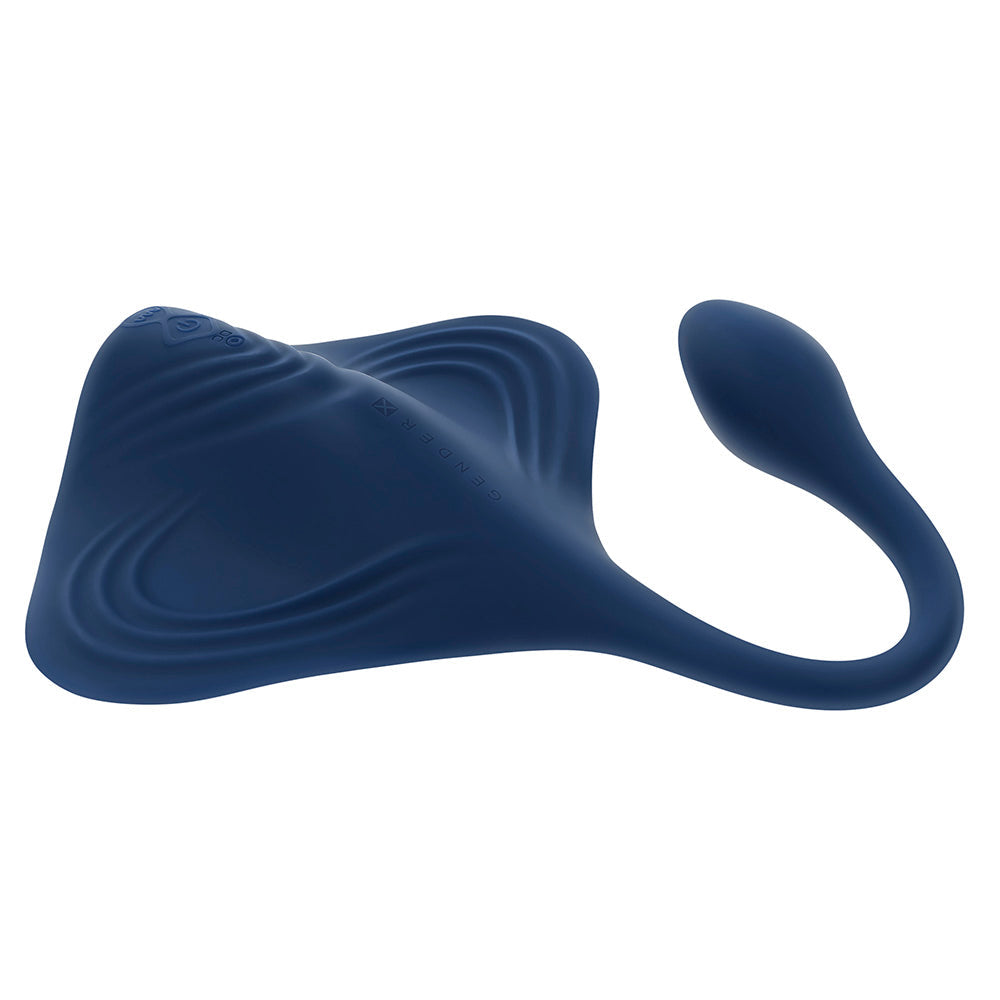 A blue silicone stingray-shaped vibrator with textured waves and a tail.