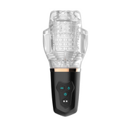 Clear vibrating sleeve with textured interior and black base with controls.