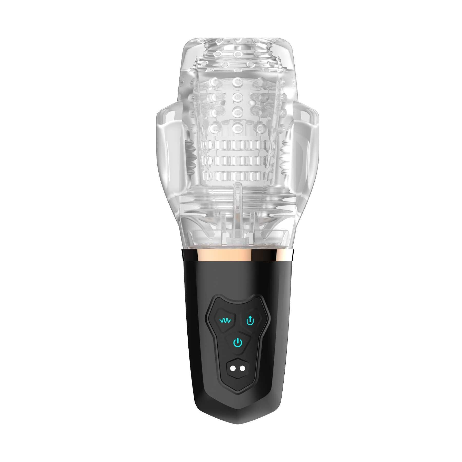 Clear vibrating sleeve with textured interior and black base with controls.