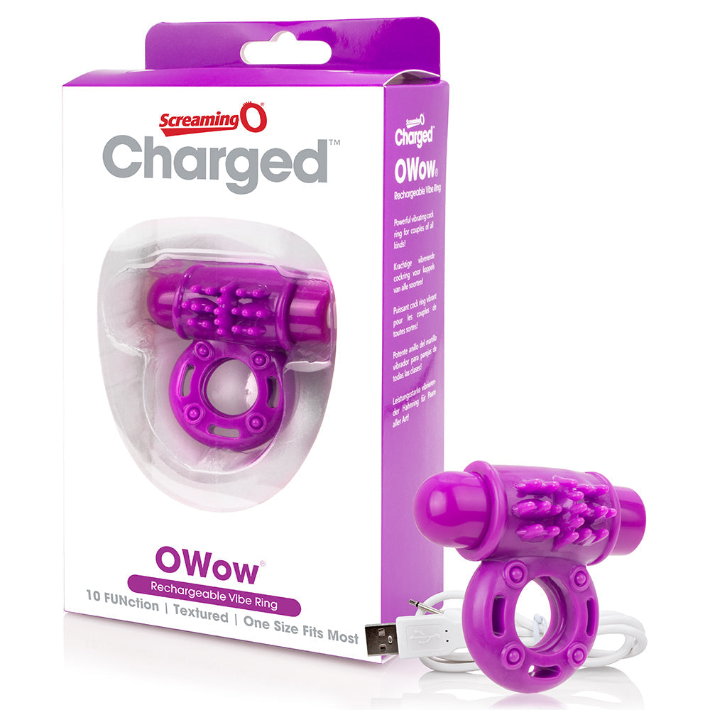 Purple rechargeable vibrating cock ring with USB cable.