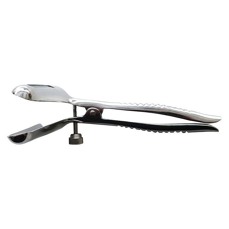 Stainless steel anal speculum with a textured handle and a locking screw.