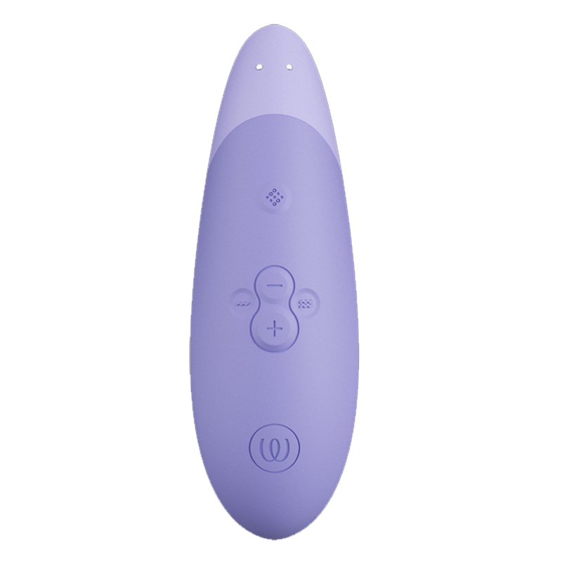 A purple Womanizer clitoral stimulator with buttons and a logo.