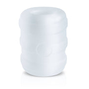 A white, ribbed penis ring and stroker with a textured circular detail.