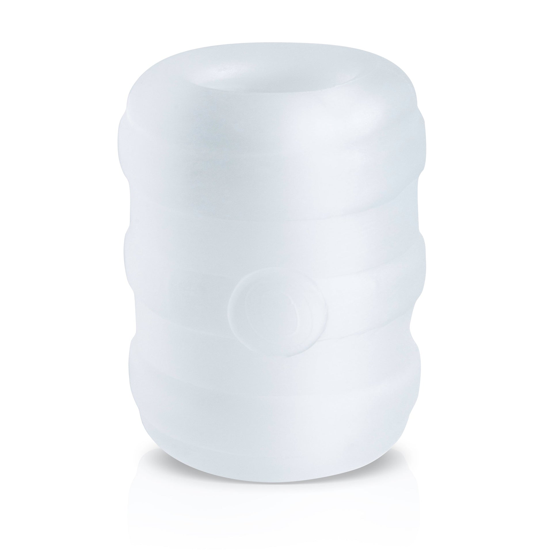 A white, ribbed penis ring and stroker with a textured circular detail.