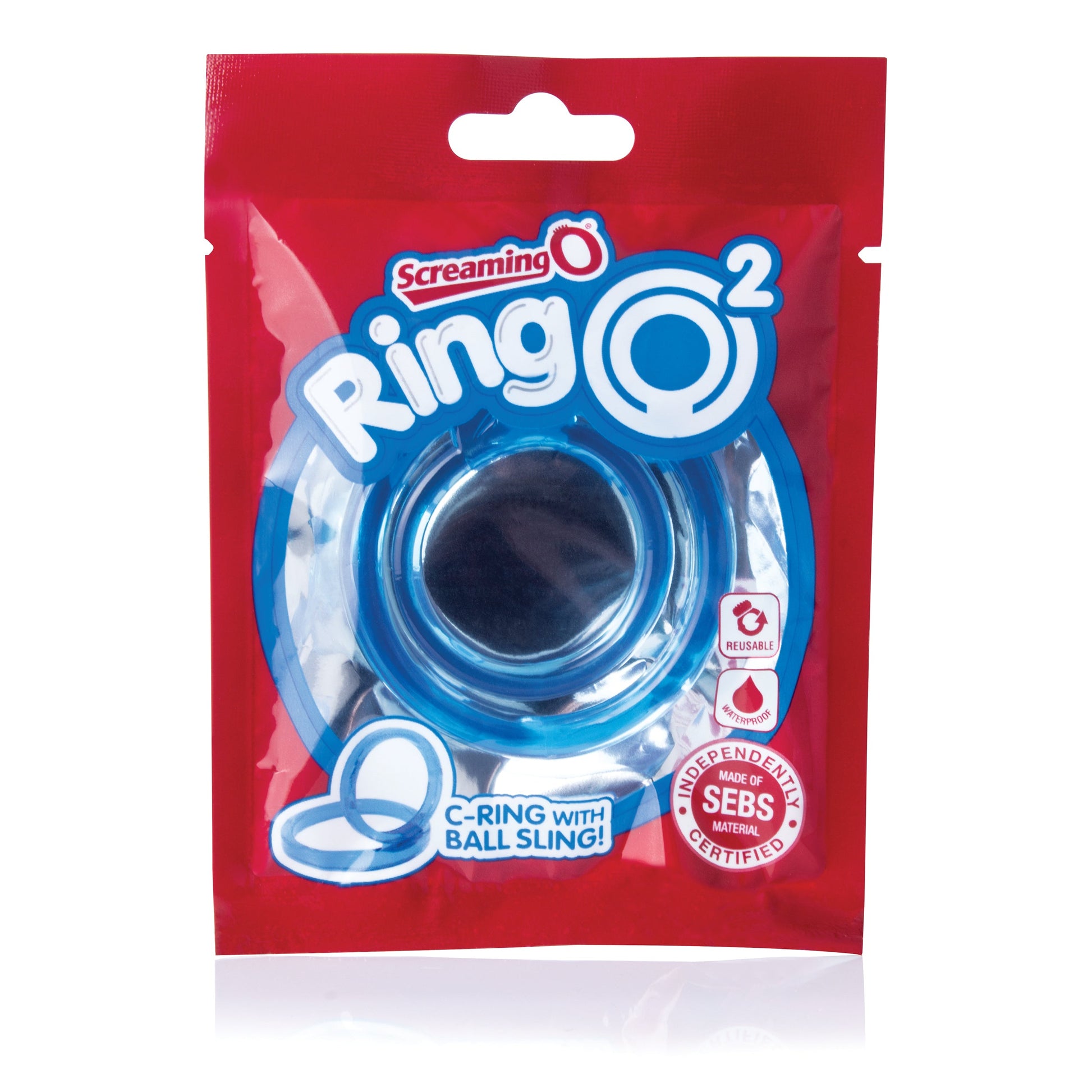 A blue Ring O2 cock ring with testicle support in red packaging.