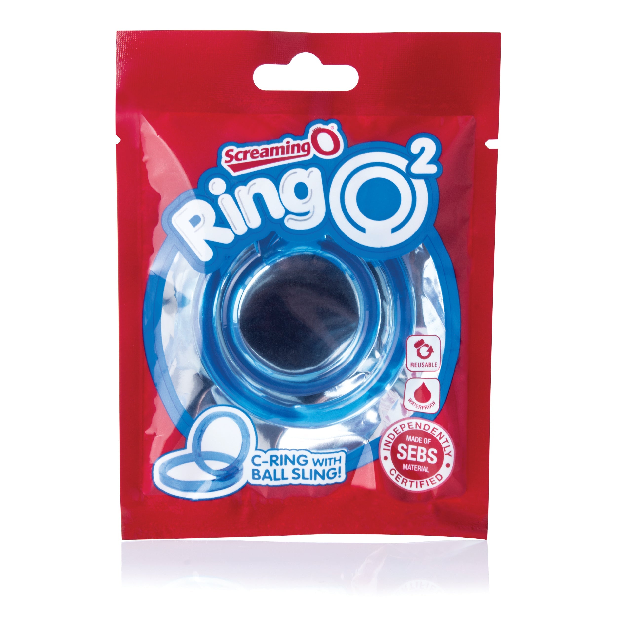 A blue Ring O2 cock ring with testicle support in red packaging.