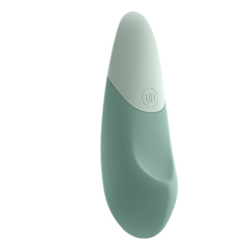 A teal and light gray clitoral vibrator with a circular button.