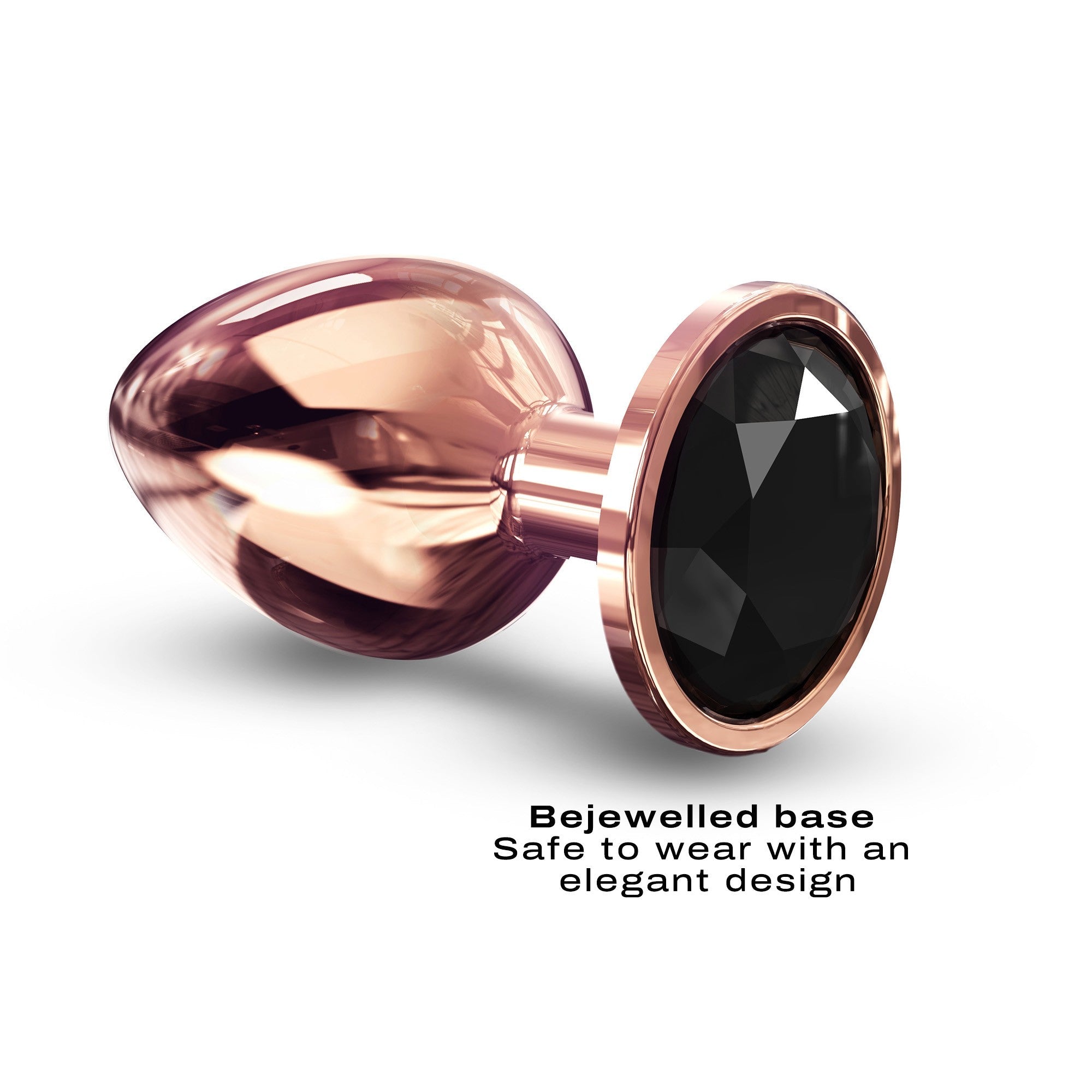 Rose gold metal anal plug with a faceted black gem base.