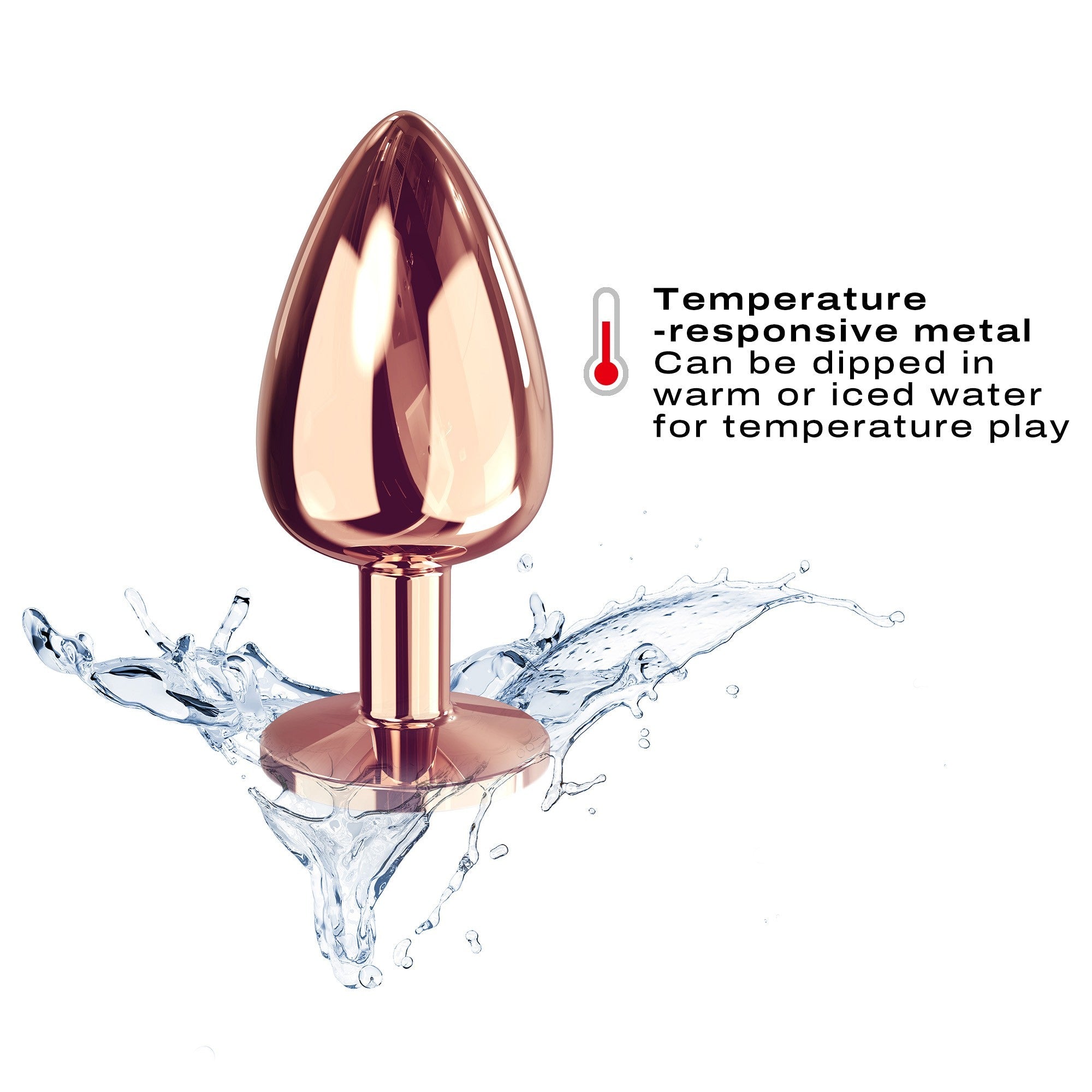 Large rose gold metal anal plug with diamond base and water splashes.