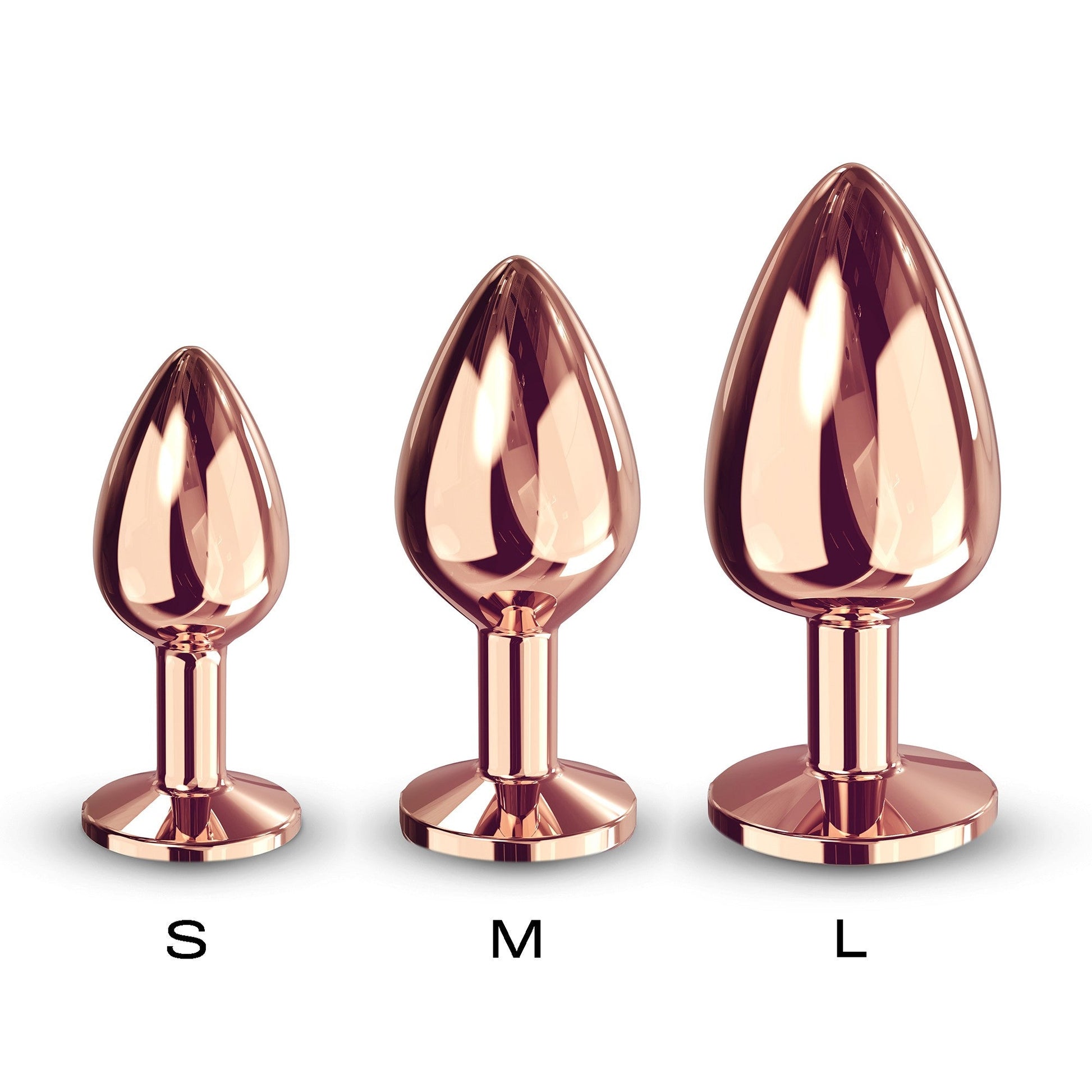 Three rose gold metal anal plugs in sizes S, M, and L.