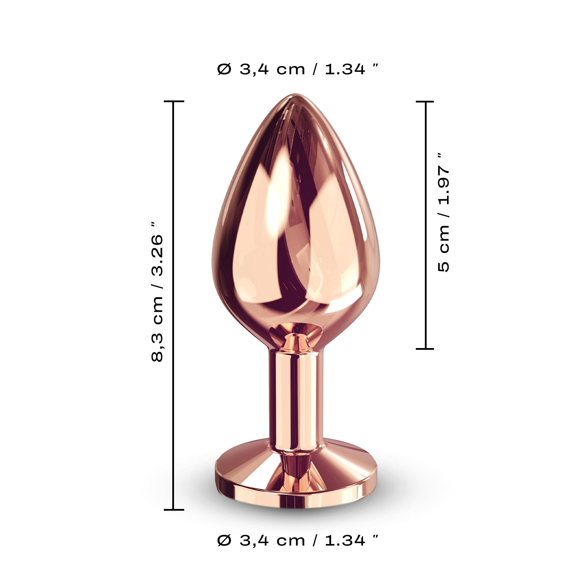 Rose gold metal anal plug with a tapered tip and flat base.