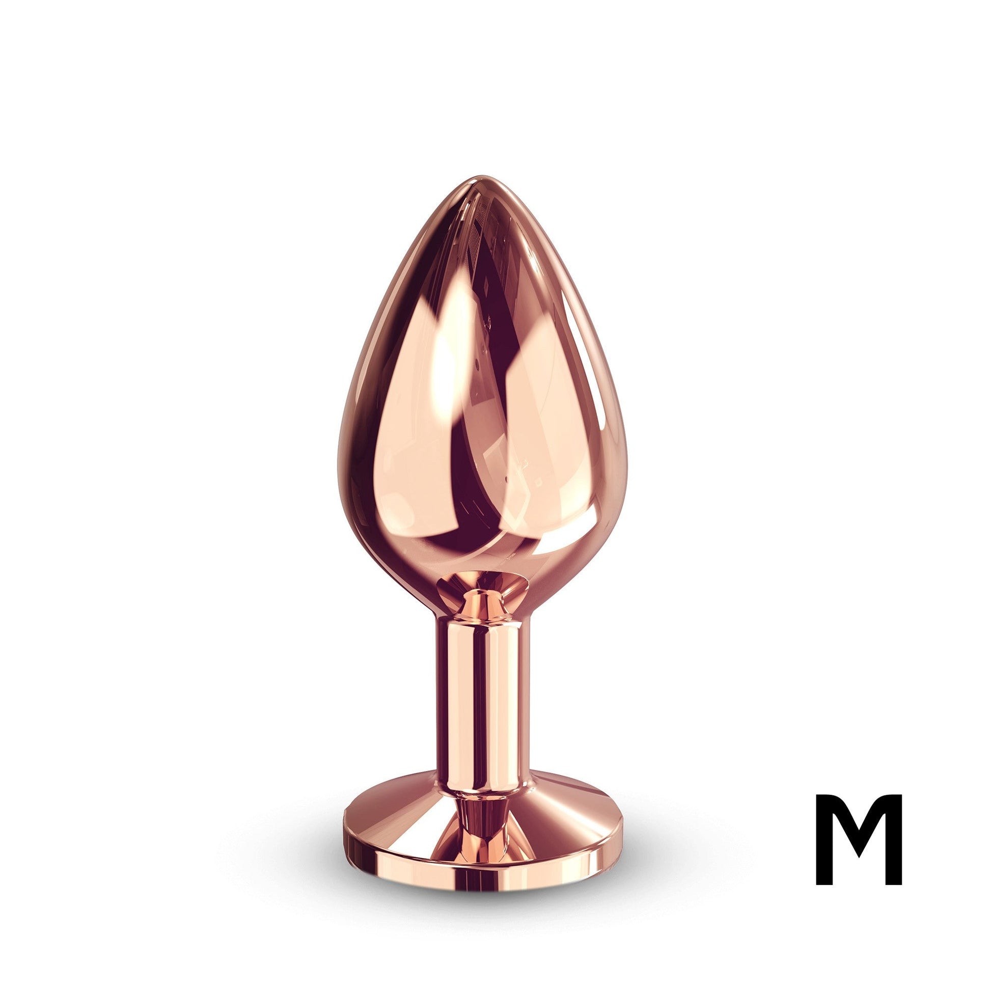 Rose gold metal anal plug with a tapered tip and flat base.