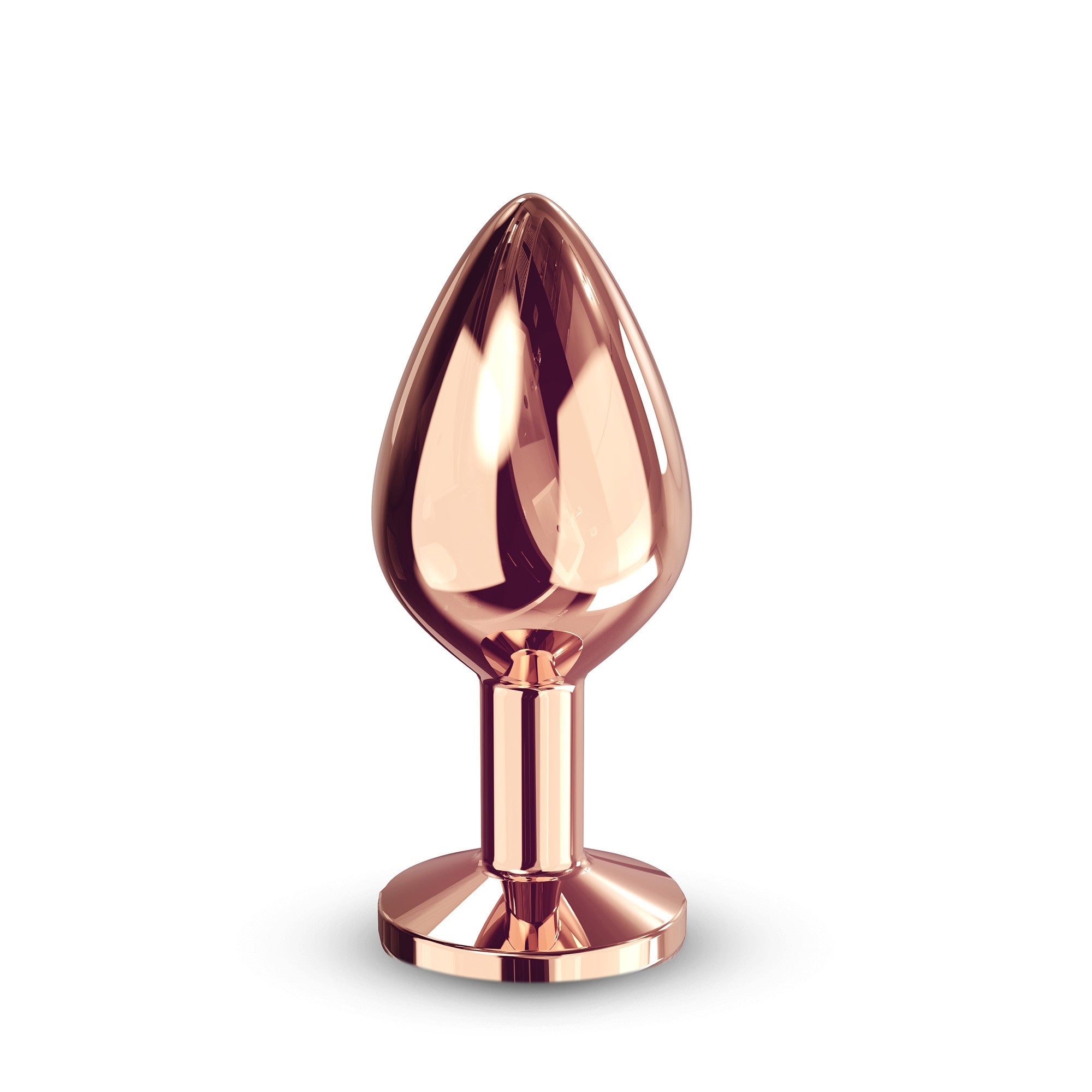 Rose gold metal anal plug with a tapered tip and flat base.