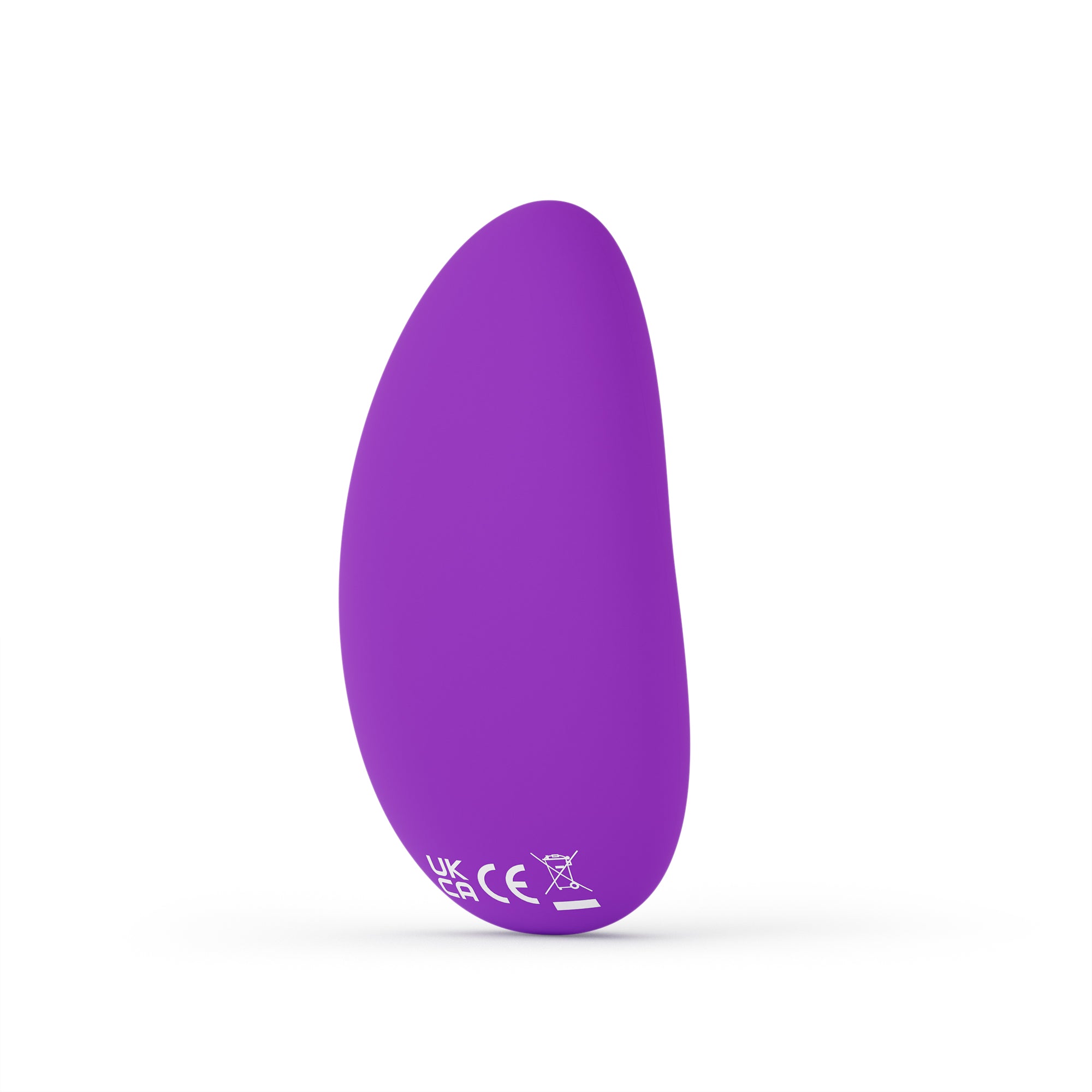 Purple app-controlled waterproof silicone clitoral massager with UK CA and CE markings.