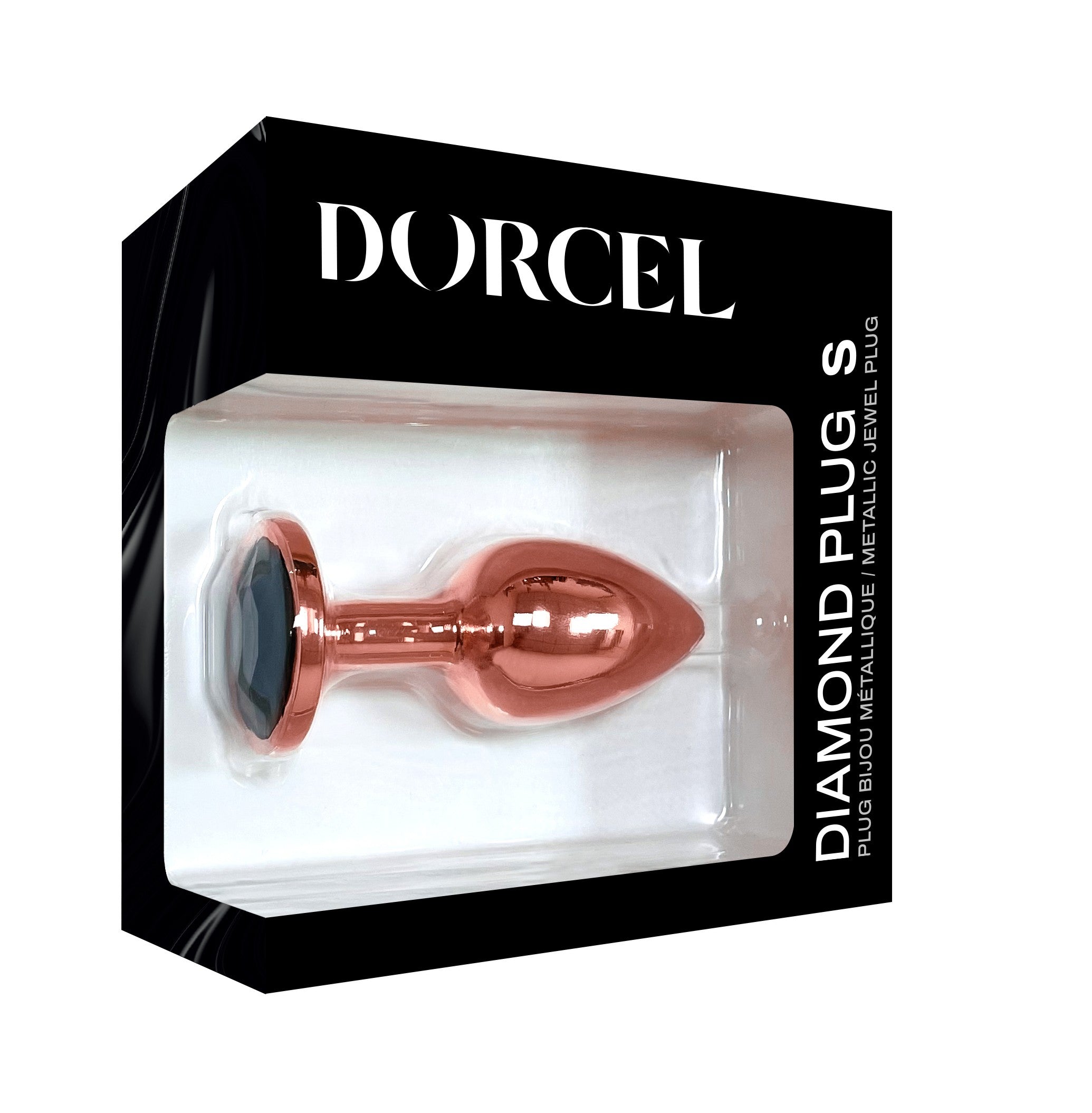 Rose gold metal anal plug with a diamond-shaped base in its packaging.