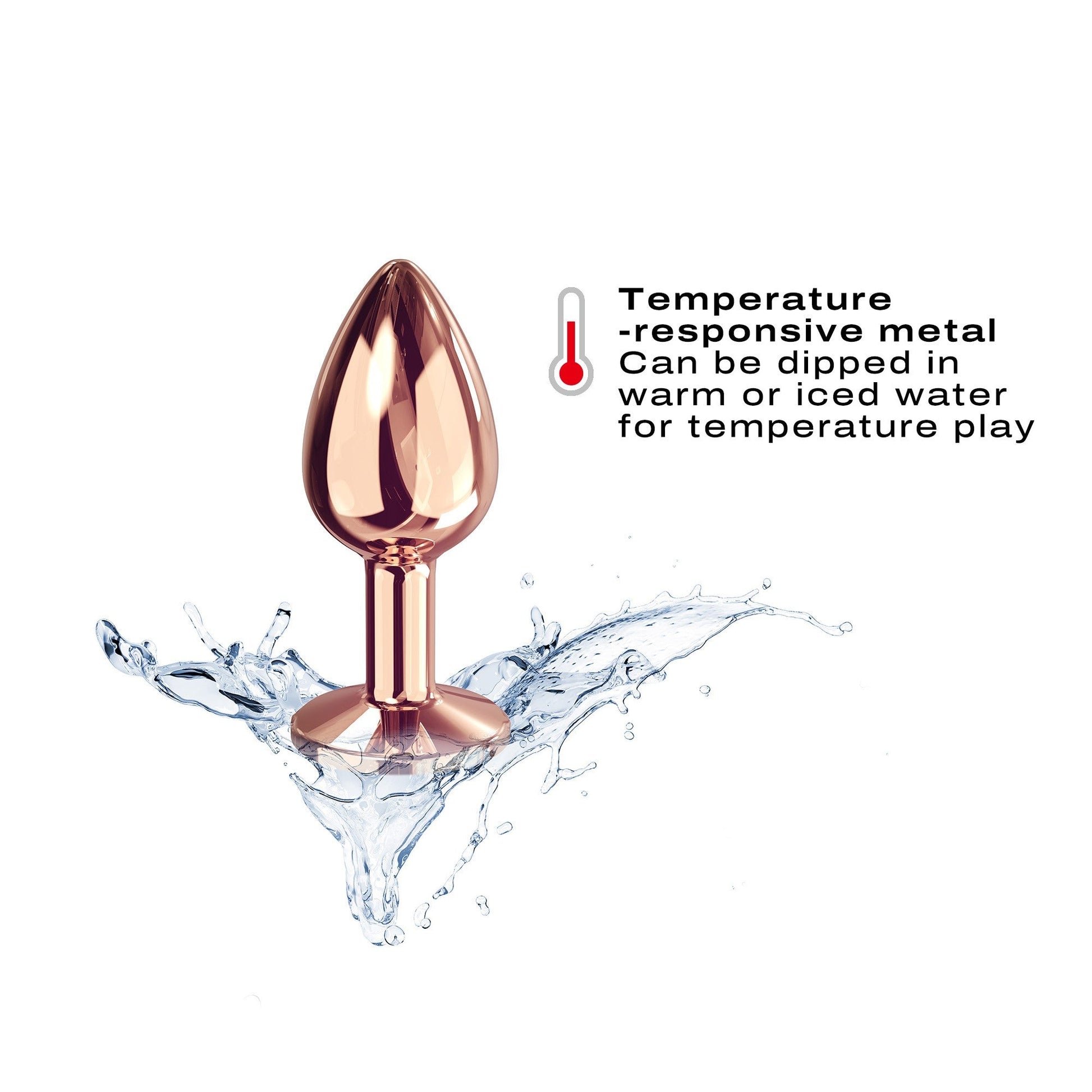 Small rose gold metal anal plug with a diamond base and water splashes.
