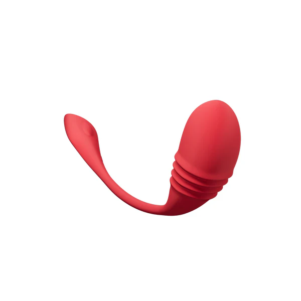A red, curved vibrator with a ribbed section and a flat tip.