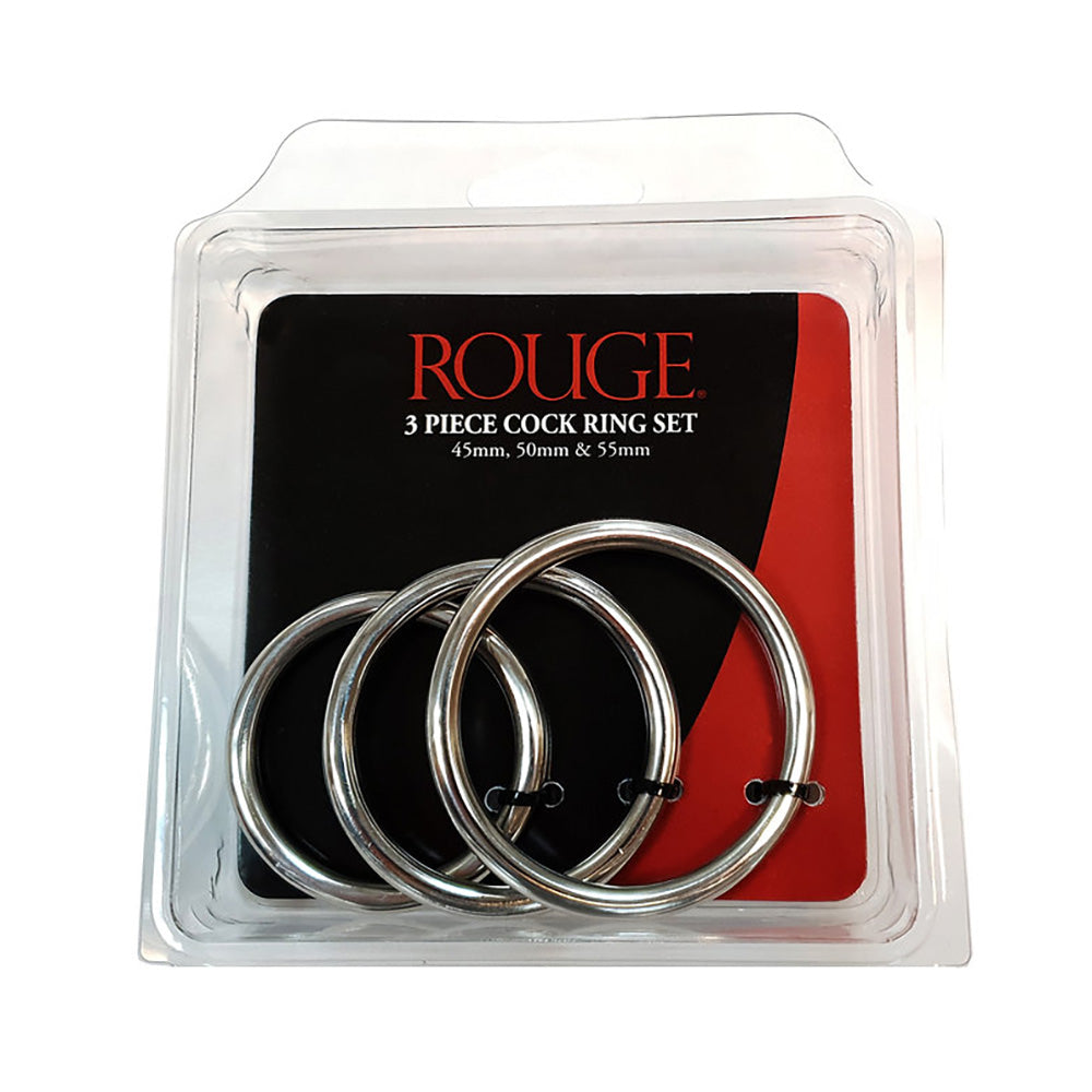 Rouge 3-piece stainless steel cock ring set with sizes 45mm, 50mm, and 55mm.