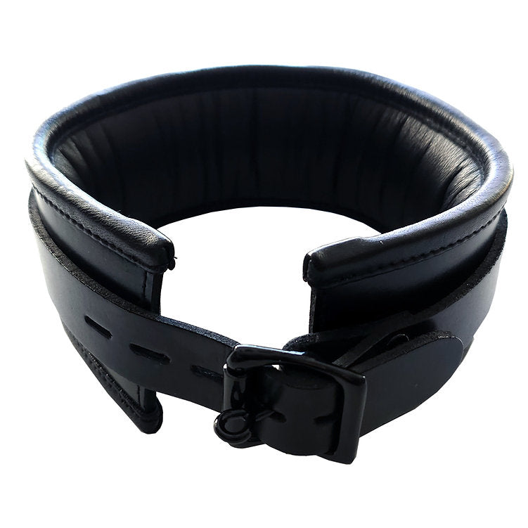 Black leather padded collar with a buckle closure.