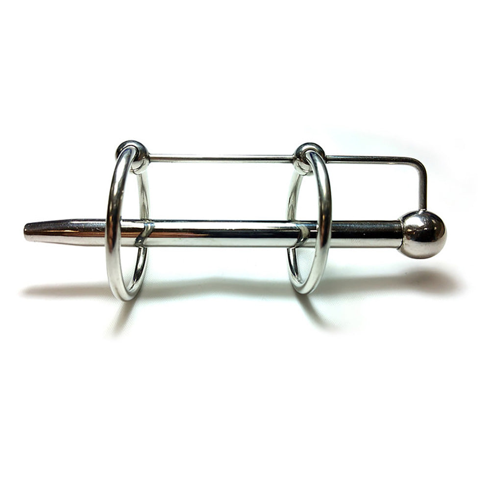 Hollow stainless steel urethral probe with double rings and a ball end.