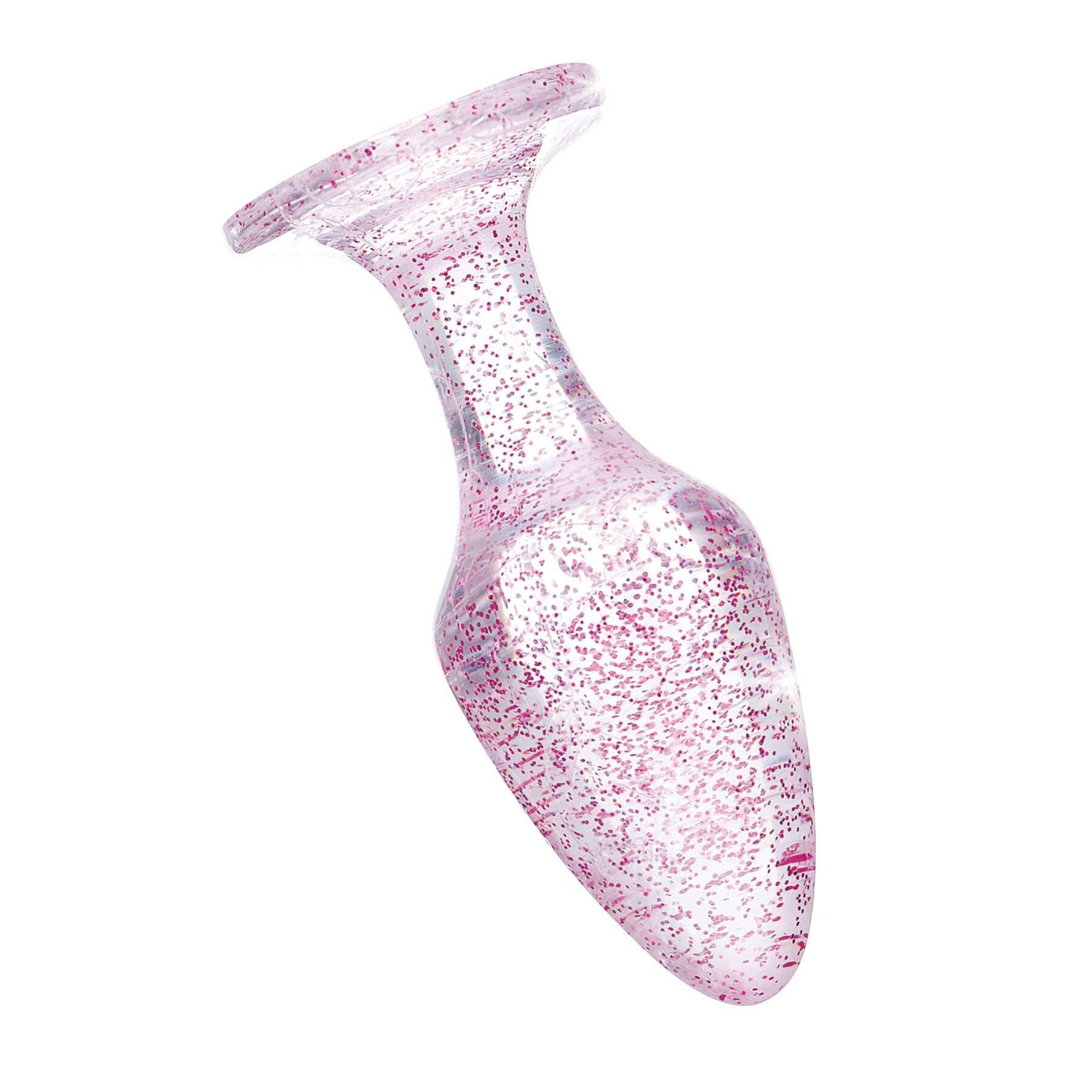 Pink glitter anal plug with a flared base.