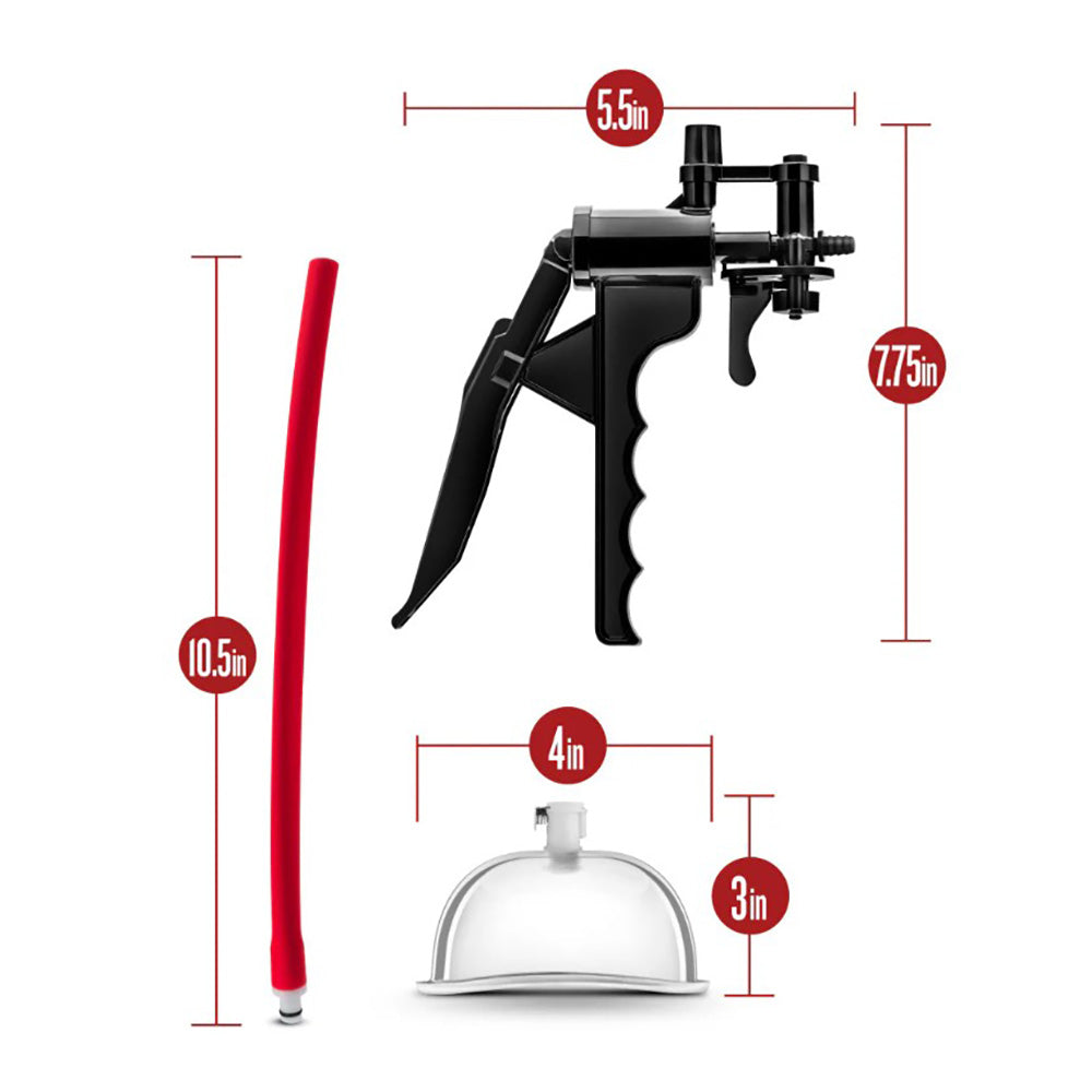Vulva pump system with red hose, black pump, and clear cup, with dimensions indicated.