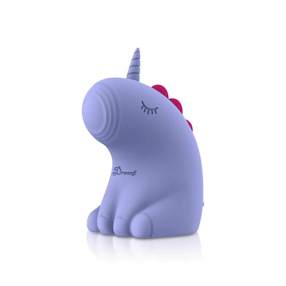 A purple unicorn vibrator with pink accents and closed eyes.