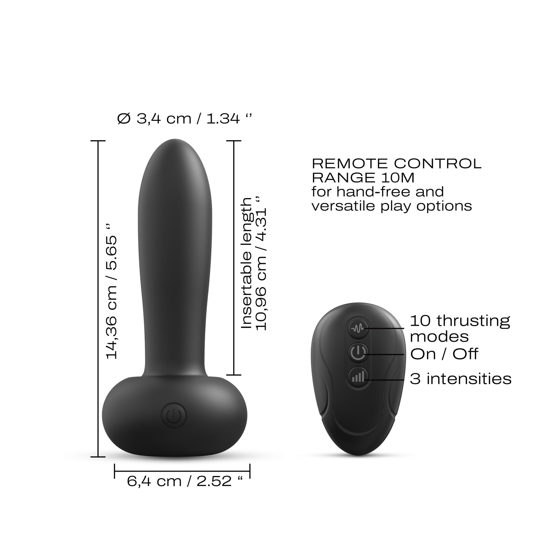 A black vibrator with a remote control, showing dimensions and features.