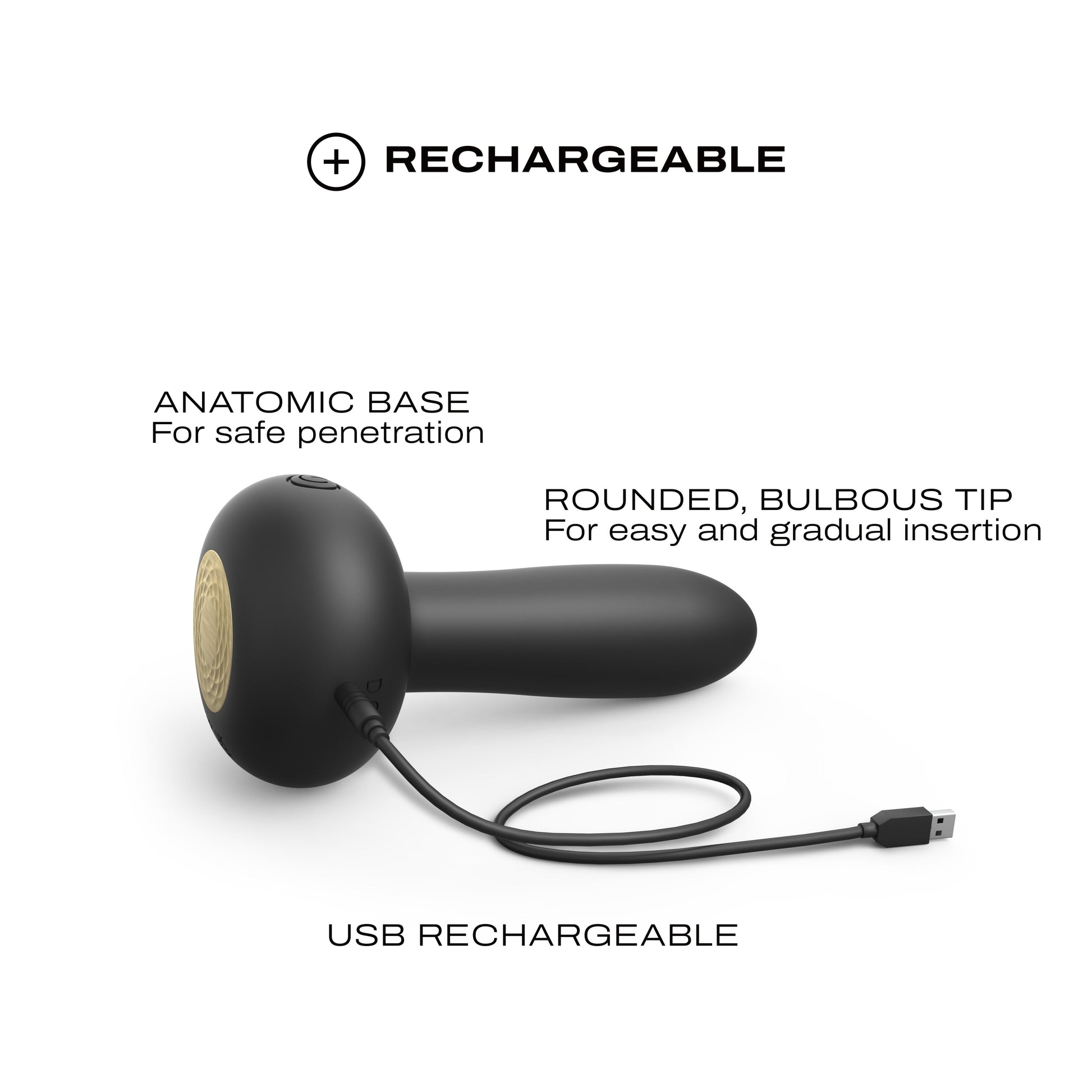 Black remote-controlled vibrator with USB charging cable and text callouts.